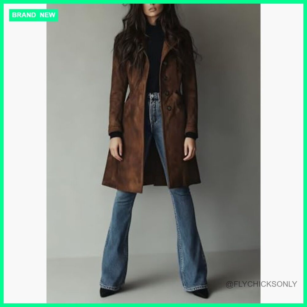 Faux Suede Trench Coat Women's Long Single Breasted Leather Overcoat - Picture 6 of 7